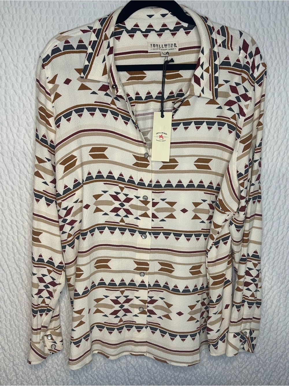 Idyllwind Cream Button-Down Shirt with Brown, Burgundy & Navy Aztec Print